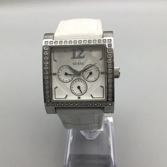 Guess Watch Women Silver Tone 37mm Square Pave White Leather Band New Battery - Picture 2 of 13